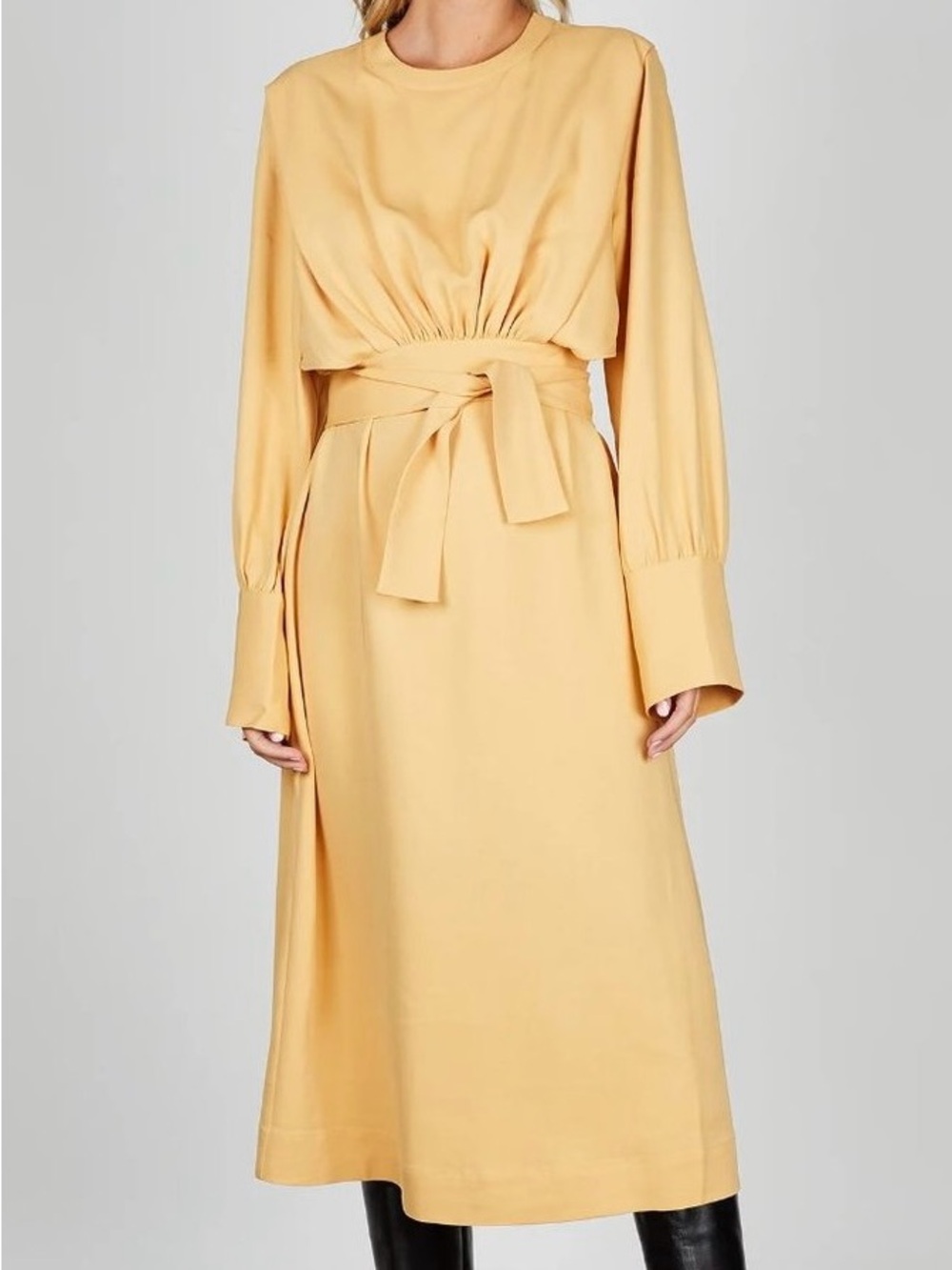 Rodebjer Yellow Chalk Tolalos Long Sleeve Tie Waist Minimalist Midi Dress - S